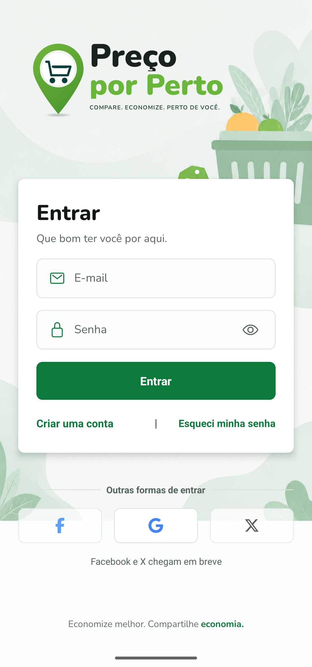 Tela de entrada do Preço por Perto, com campos de e-mail e senha e opção de entrar com Google