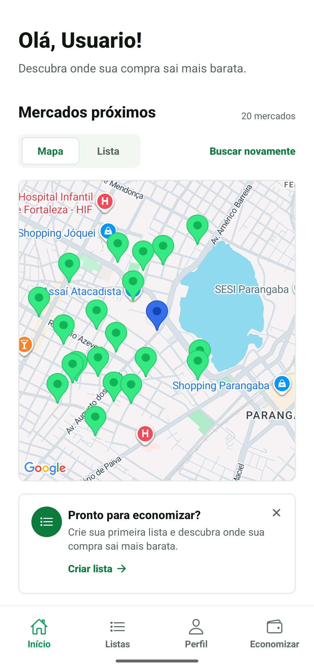 Tela inicial mostrando o mapa com mercados próximos encontrados automaticamente