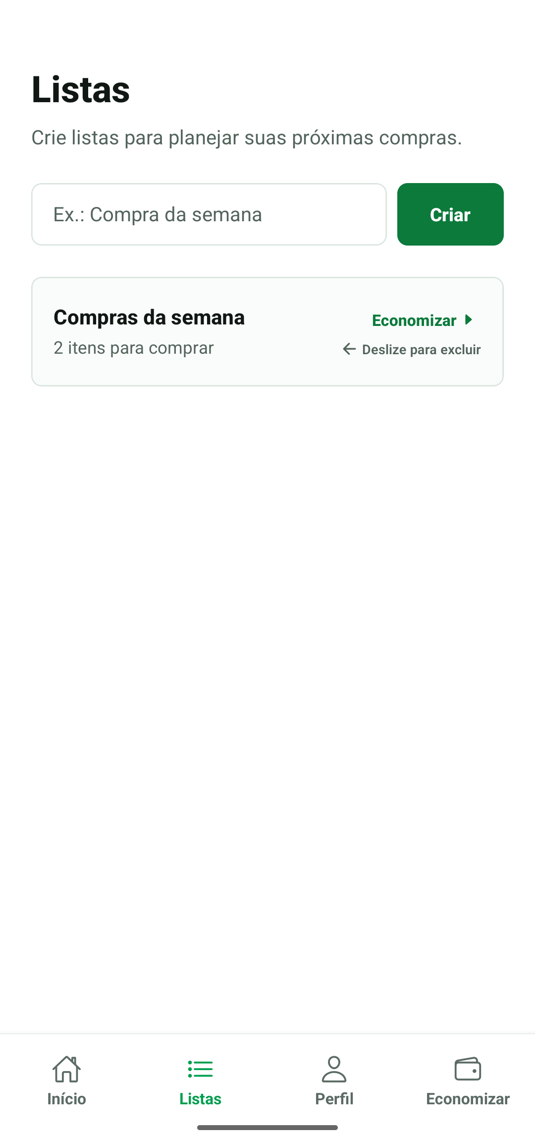 Tela de listas de compras, com uma lista criada chamada Compras da semana