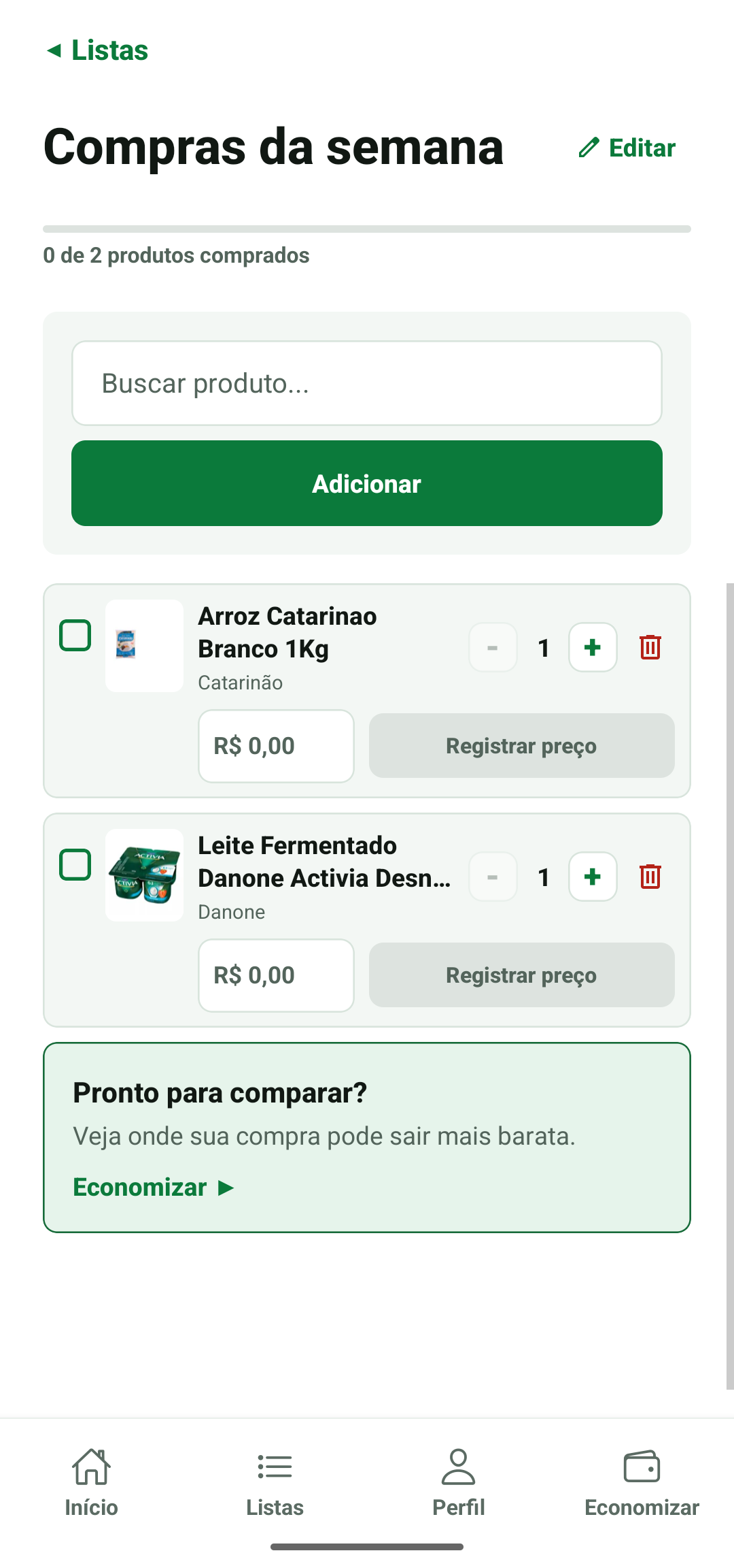 Lista de compras com dois produtos adicionados, cada um com campo para registrar preço