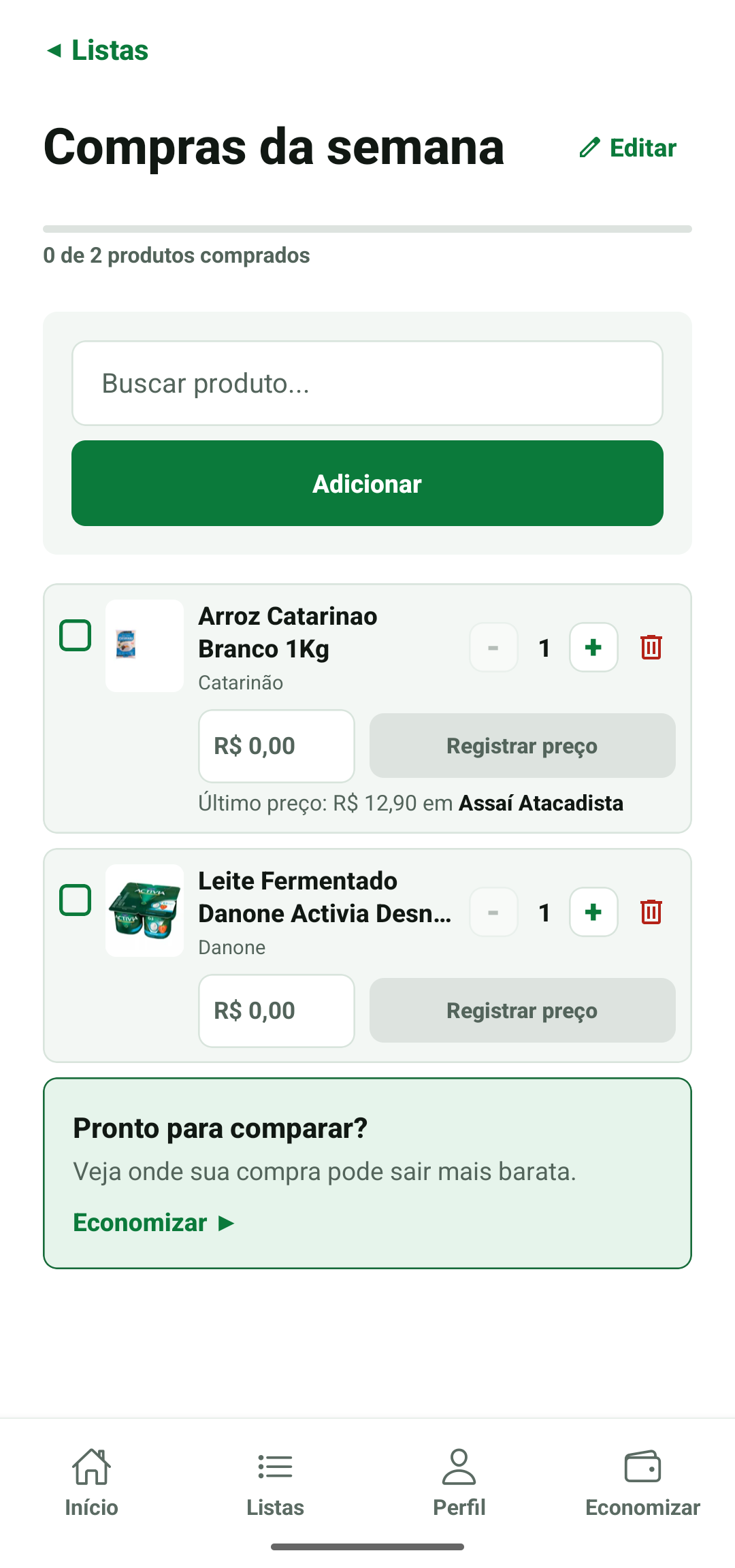 Item da lista mostrando o último preço registrado, R$ 12,90 no mercado Assaí Atacadista