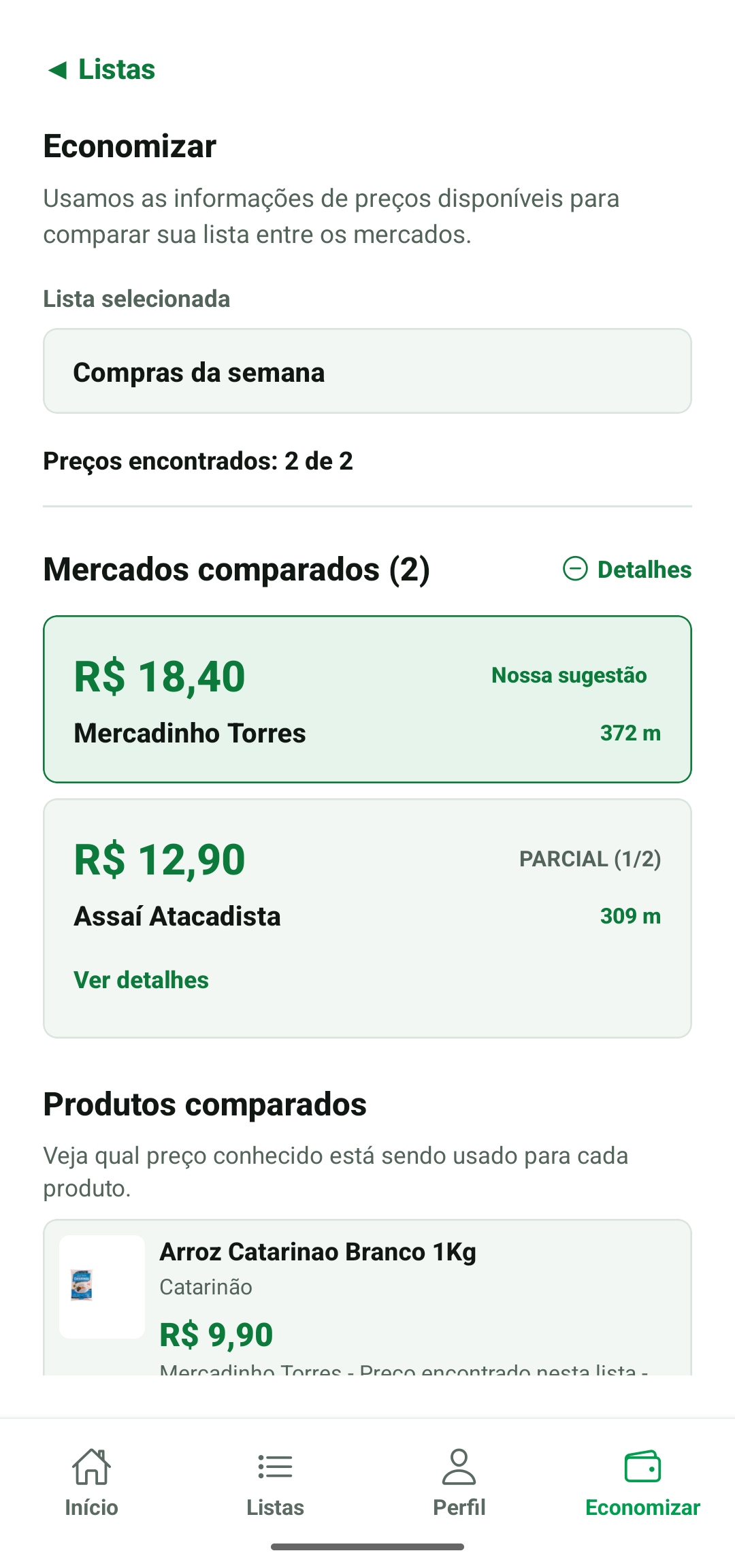 Tela Economizar mostrando o mercado sugerido com o menor total para a lista