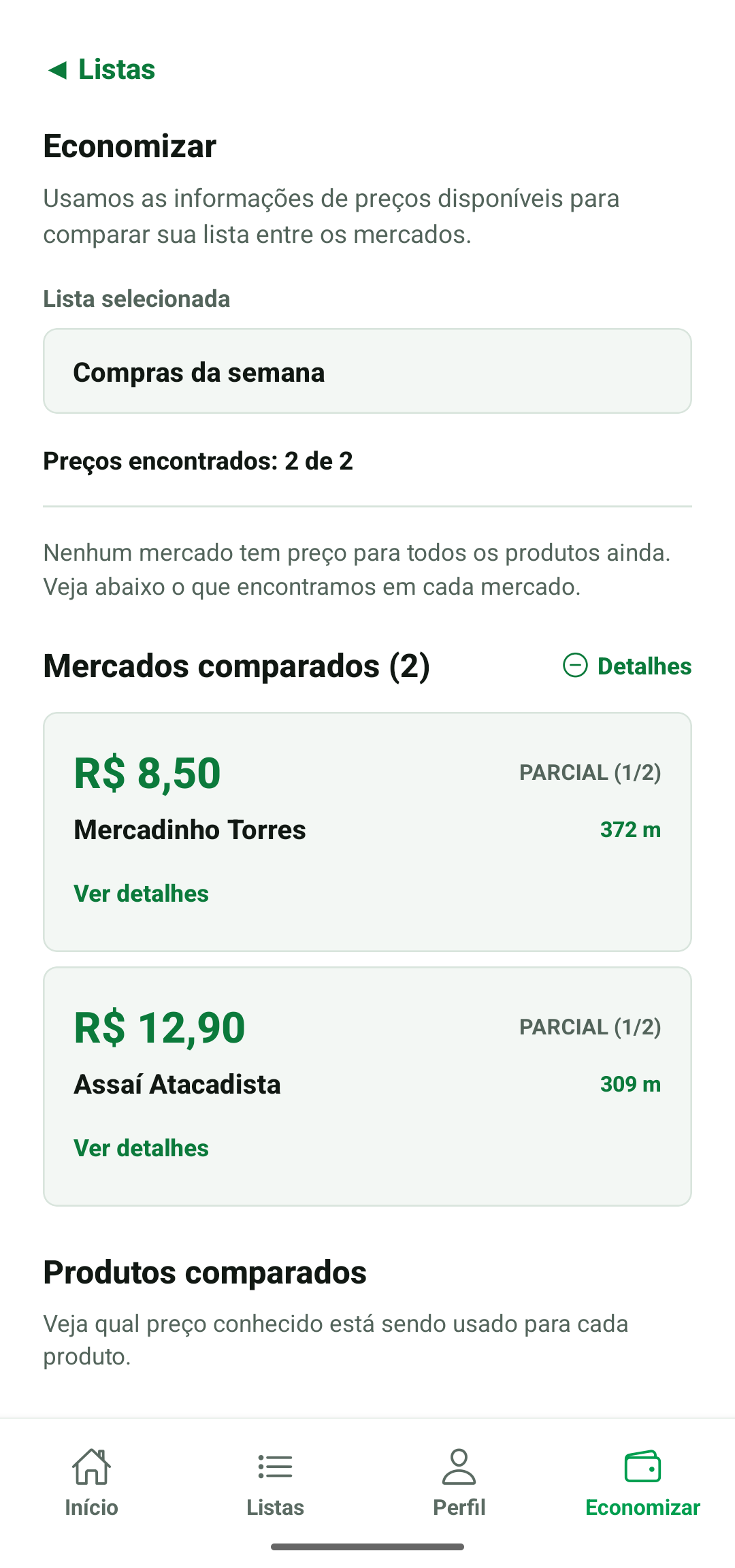 Tela Economizar sem nenhum mercado com cobertura completa, mostrando apenas os preços parciais encontrados
