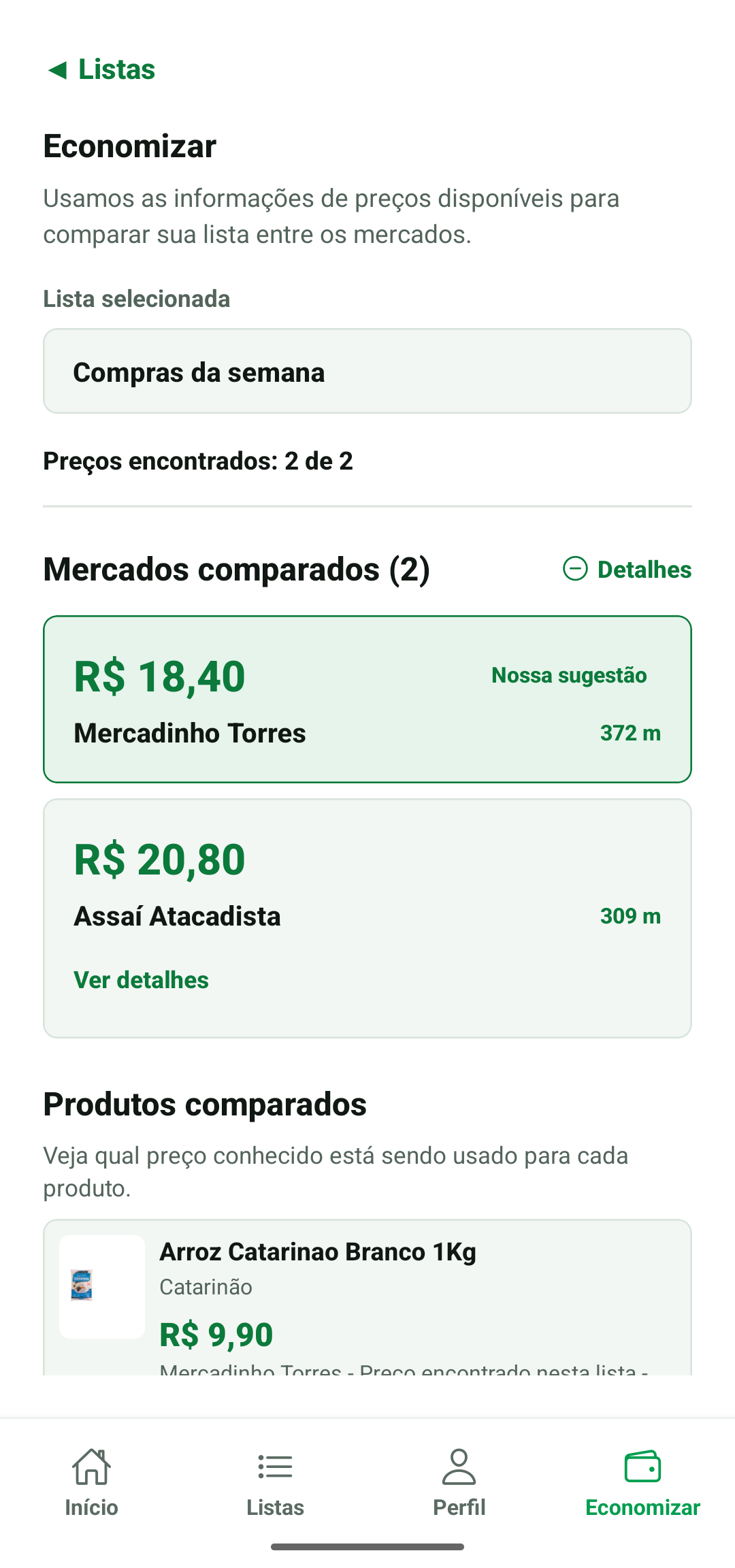 Tela Economizar com dois mercados de cobertura completa, comparando o total de cada um