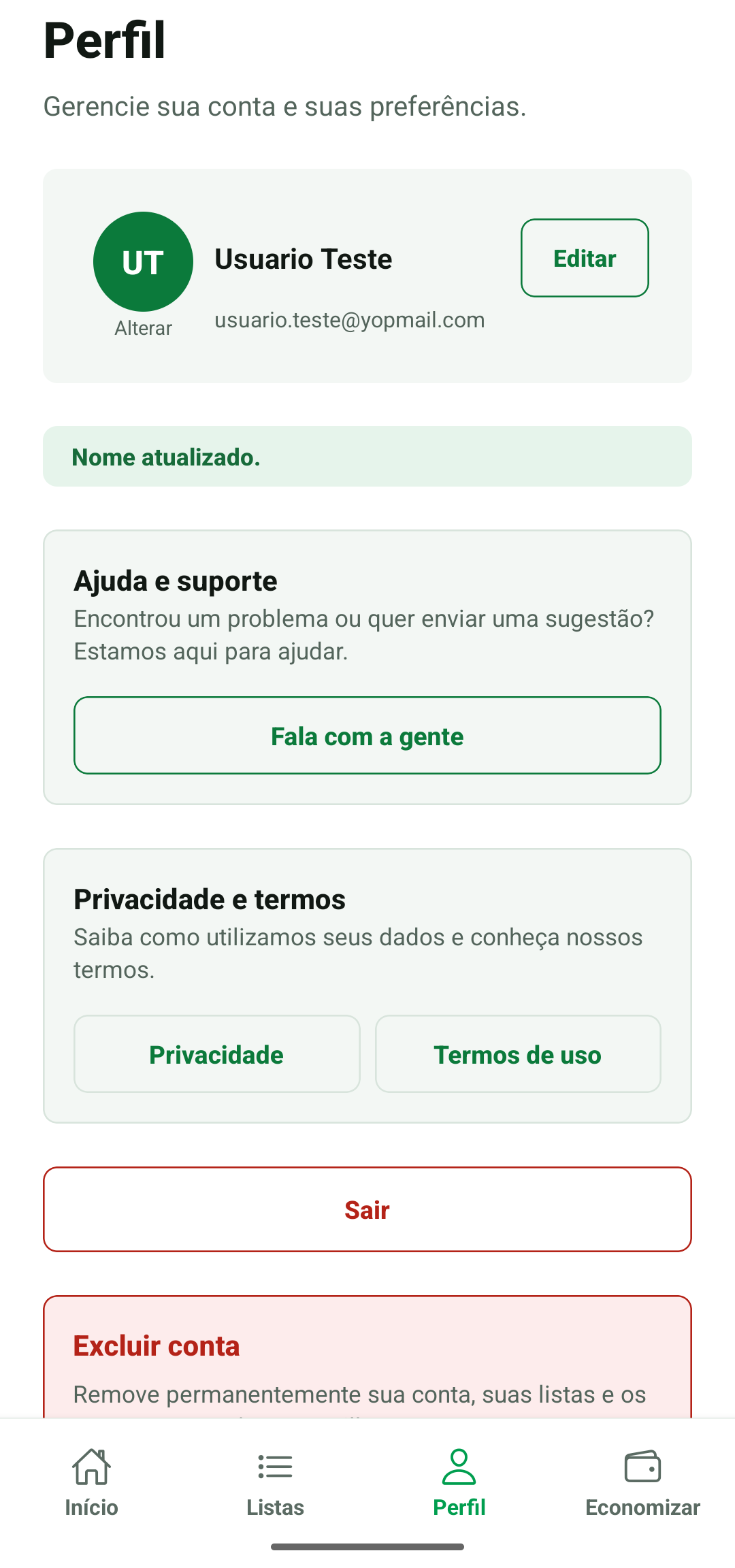 Tela de perfil com nome de exibição atualizado e opções de conta